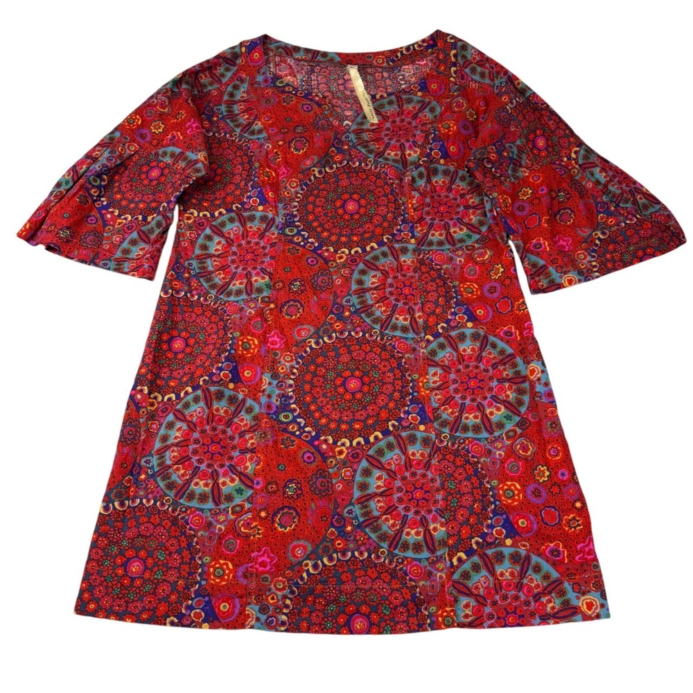 Uncle Frank Made in USA Cotton Boho Mandala A-Line Dress Red Festival L